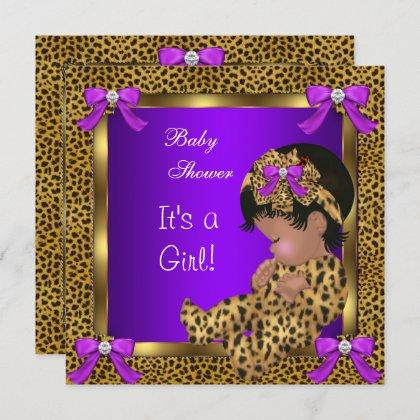 Cute Baby Shower Baby Girl Leopard Purple Gold 2 Invitation