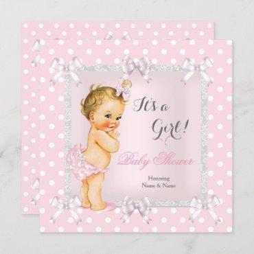 Cute Baby Shower Girl Pink Gray Blonde Invitation