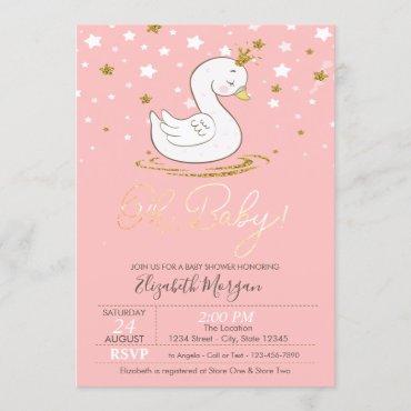 Cute Baby Swan Crown Stars Baby Shower Invitation