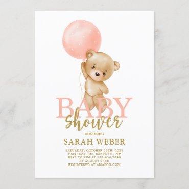 Cute bear balloon baby shower girl invitation