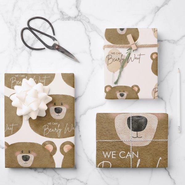 Cute Bear We Can Bearly Wait Gender Baby Shower  Wrapping Paper Sheets