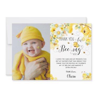 Cute Bees Bee Yellow Ivory Floral Birthday Photo Thank You Card
