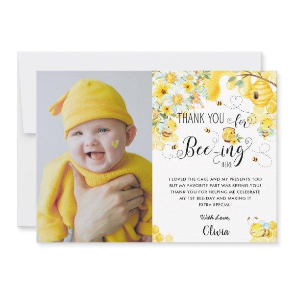 Cute Bees Bee Yellow Ivory Floral Birthday Photo Thank You Card