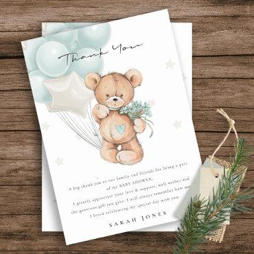 Cute Blue Bear Bearly Wait Balloon Baby Shower Thank You Card