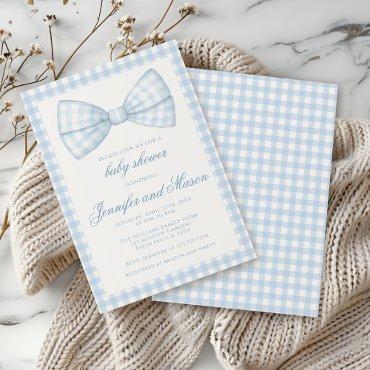 Cute blue bow ribbon gingham baby boy shower