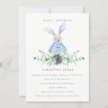 Cute Blue Bunny Garden Foliage Baby Shower Invite