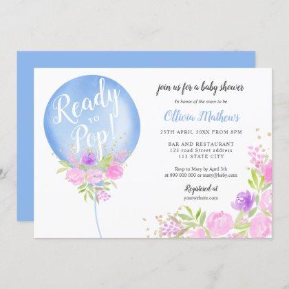 Cute blue floral balloon ready to pop baby shower invitation