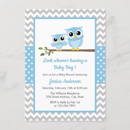 Cute Blue Owl Gray Chevron Boy Baby Shower Invitation