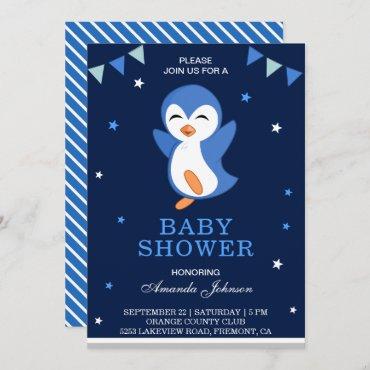 Cute Blue Penguin Baby Shower Invitation
