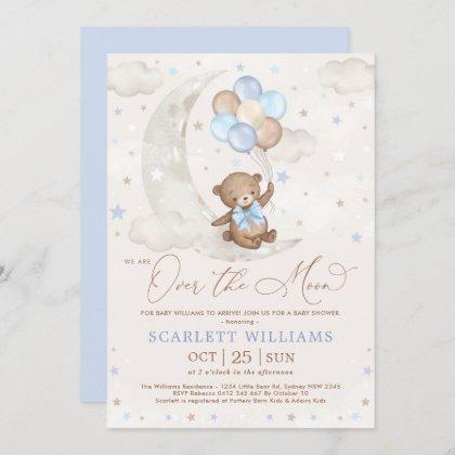 Cute Blue Teddy Bear Moon Balloons Boy Baby Shower Invitation