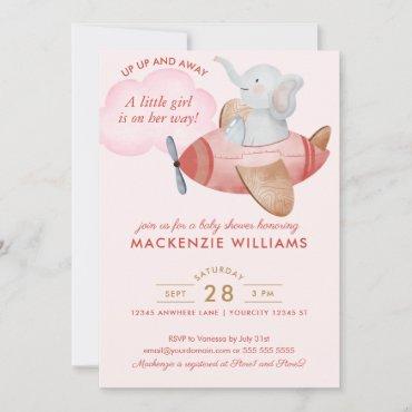 Cute Blush Pink Elephant Plane Baby Shower Girl