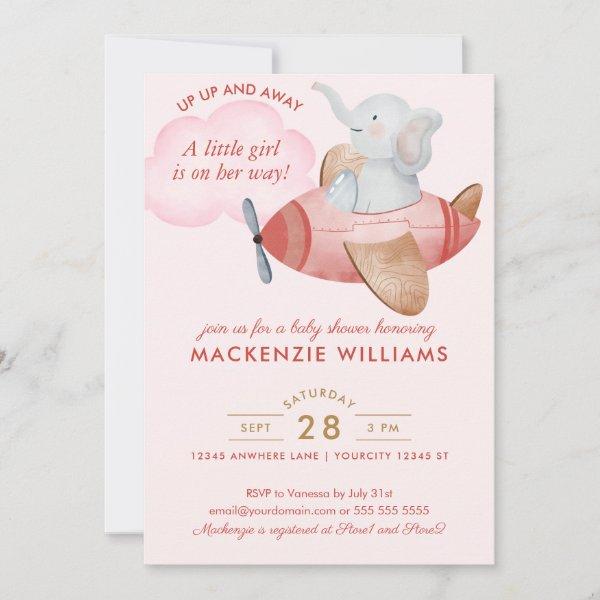 Cute Blush Pink Elephant Plane Baby Shower Girl