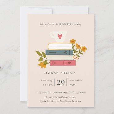 Cute Blush Stacked Books Floral Baby Shower Invite
