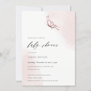 Cute Blush Watercolor Butterfly Baby Shower Invite