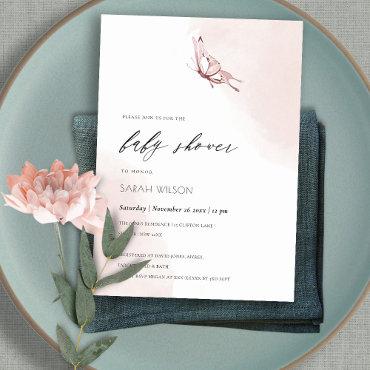 Cute Blush Watercolor Butterfly Baby Shower Invite