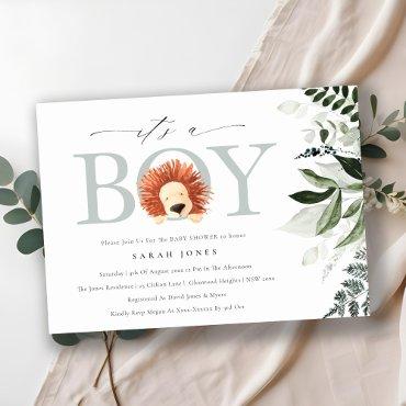 Cute Boho Lion Foliage It's Boy Baby Shower Invite