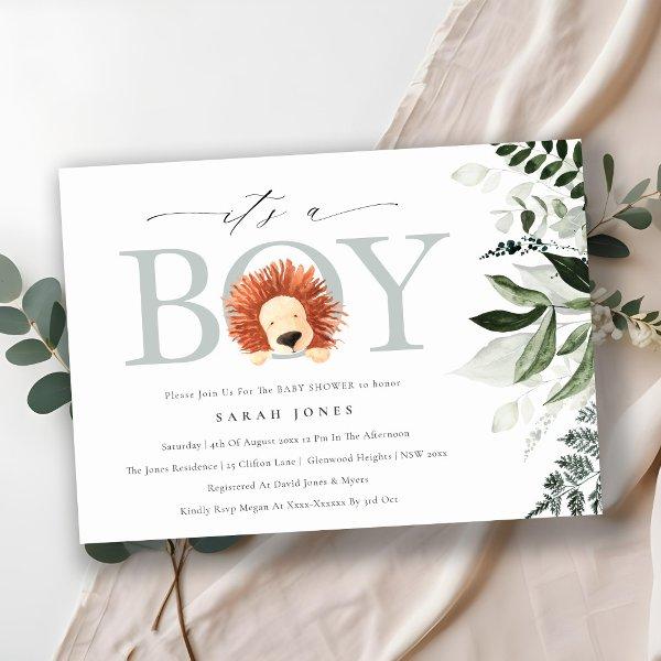 Cute Boho Lion Foliage It's Boy Baby Shower Invite