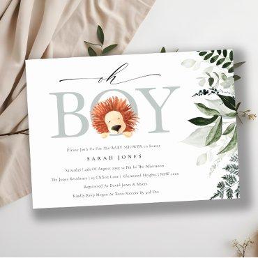 Cute Boho Lion Foliage Oh Boy Baby Shower Invite