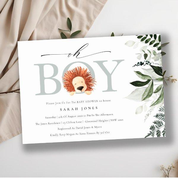 Cute Boho Lion Foliage Oh Boy Baby Shower Invite