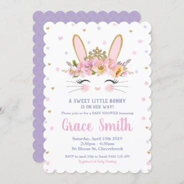 Cute Bunny Baby Shower Invitation Girl Purple