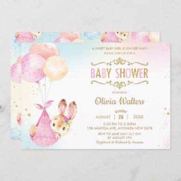 Cute Bunny Rabbit Balloons Baby Shower Girl Invitation
