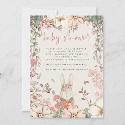 Cute Bunny Script Girl Baby Shower Invitation