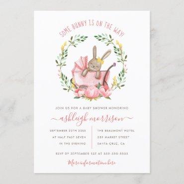 Cute Bunny & Watercolor Flowers Girl Baby Shower Invitation