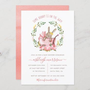 Cute Bunny & Watercolor Flowers Girl Baby Shower Invitation