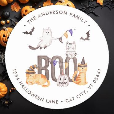 Cute Cats Boo Ghost Happy Halloween Return Address Classic Round Sticker