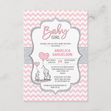 Cute Chevron Pink Grey Elephant Baby Shower GIRL Invitation