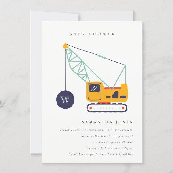 Cute Construction Crane Vehicle Baby Shower Invite