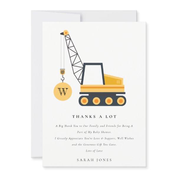Cute Construction Crane Vehicle Baby Shower Thank You Card