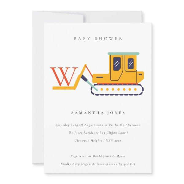 Cute Construction Fork Lift Monogram Baby Shower Thank You Card