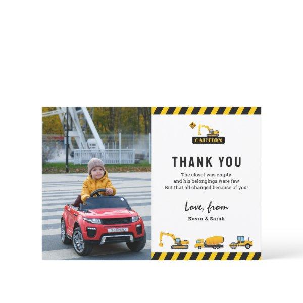 Cute Construction Trucks Photo Birthday Thank You Card