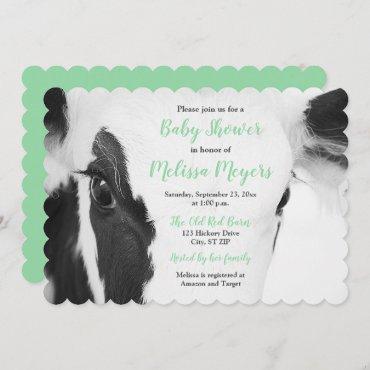 Cute Cow Face Close-up Baby Shower Invite, Green