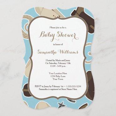 Cute Cowboy Theme Baby Shower Invite Blue Brown