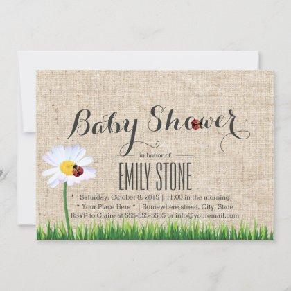 Cute Daisy & Ladybugs Burlap Baby Shower Invitation