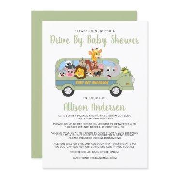 Cute Drive By Baby Shower Animal Safari Bus Green