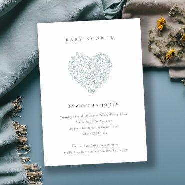 Cute Dusky Blue Floral Heart Baby Shower Invite