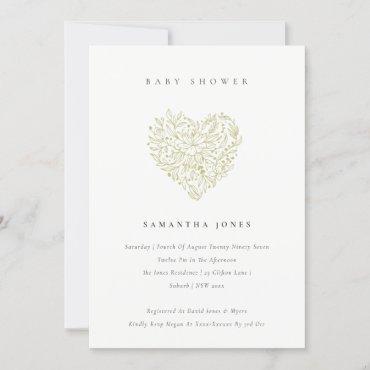 Cute Dusky Green Floral Heart Baby Shower Invite