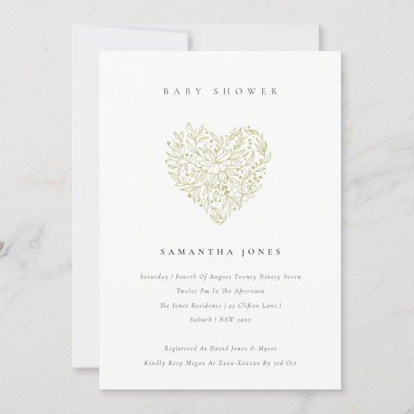 Cute Dusky Green Floral Heart Baby Shower Invite