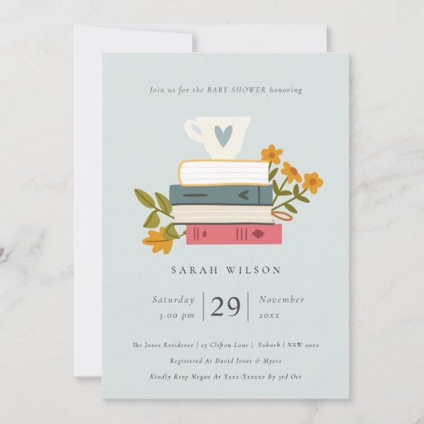 Cute Dusky Stacked Books Floral Baby Shower Invite