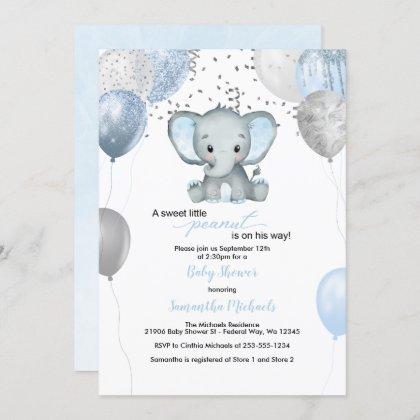 Cute Elephant Boy Balloons Watercolor Baby Shower Invitation
