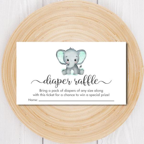 Cute Elephant Diaper Raffle Mint Green Baby Shower Enclosure Card