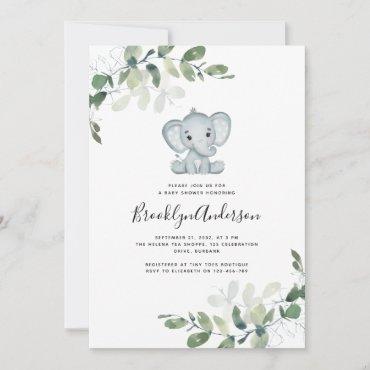 Cute Elephant Eucalyptus Baby Shower Invitation
