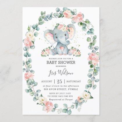 Cute Elephant Floral Greenery Baby Shower Girl
