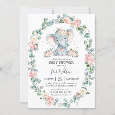 Cute Elephant Floral Greenery Baby Shower Girl