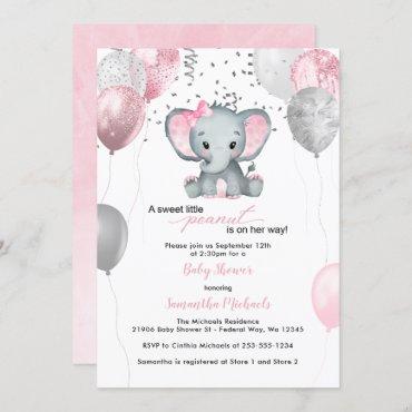 Cute Elephant Girl Balloons Baby Shower Invitation