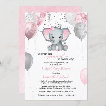 Cute Elephant Girl Balloons Virtual Baby Shower Invitation