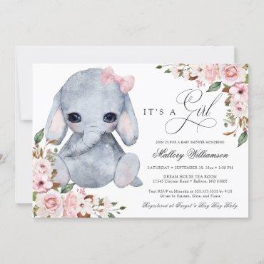 Cute Elephant Pink Rose Girl Baby Shower Invitatio Invitation
